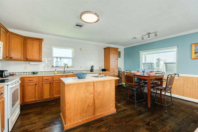 4025 6th St, Galveston, TX 77554 - kitchen featuring crown molding, a sink, white appliances, dark wood-type flooring, and visible vents