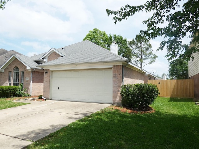 3015 Davey Oaks St, Pearland, TX 77584 - view of front facade with a garage, concrete driveway, brick siding, a chimney, and a shingled roof