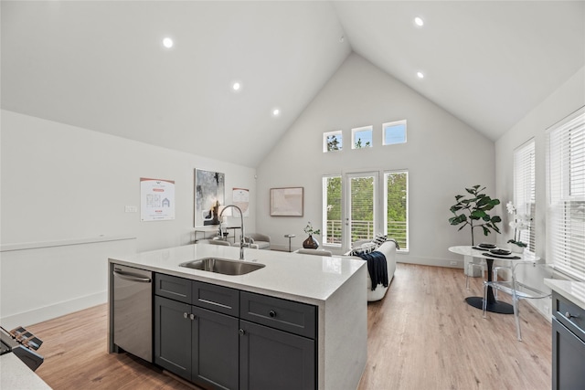 1044 Homer St, Houston, TX 77091 - kitchen featuring a sink, stainless steel dishwasher, high vaulted ceiling, a kitchen island with sink, and light wood finished floors