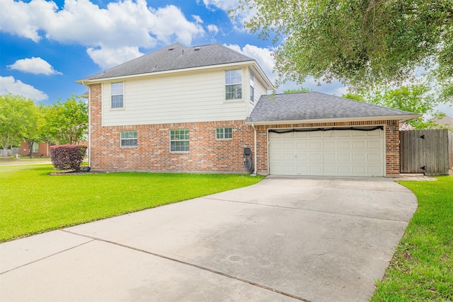 exterior space featuring concrete driveway, an attached garage, brick siding, and a yard
