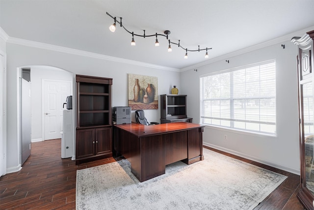office area featuring arched walkways, baseboards, dark wood-style floors, and ornamental molding