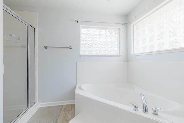 full bath with a bath, a shower stall, and a healthy amount of sunlight