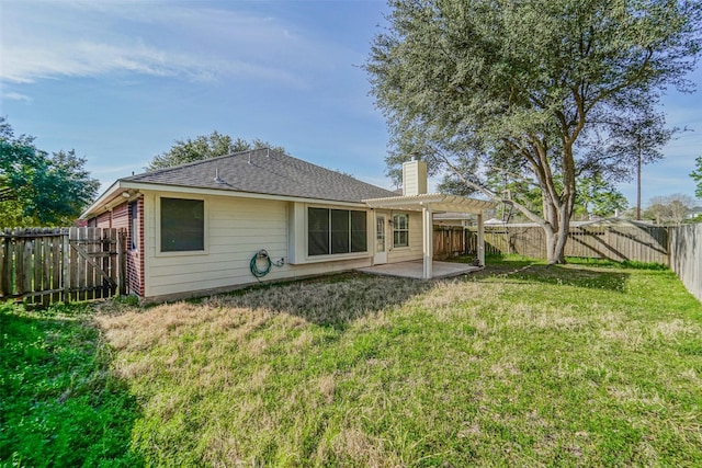 10314 Friars Hl, Houston, TX 77070 - back of house featuring a fenced backyard, a pergola, a chimney, a yard, and a patio