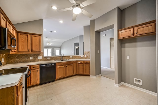 10314 Friars Hl, Houston, TX 77070 - kitchen featuring lofted ceiling, a ceiling fan, a sink, black appliances, and brown cabinetry