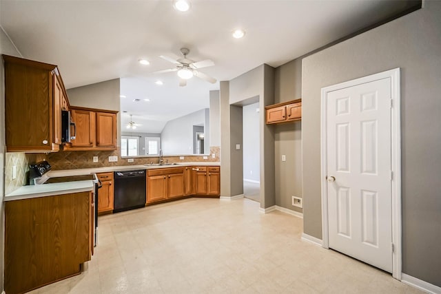 10314 Friars Hl, Houston, TX 77070 - kitchen featuring stainless steel microwave, dishwasher, brown cabinets, and ceiling fan