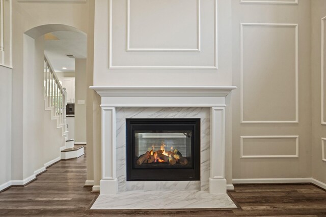details featuring a premium fireplace, baseboards, wood finished floors, and arched walkways