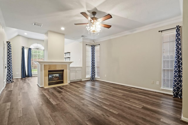 unfurnished living room with recessed lighting, dark wood finished floors, visible vents, a ceiling fan, and baseboards