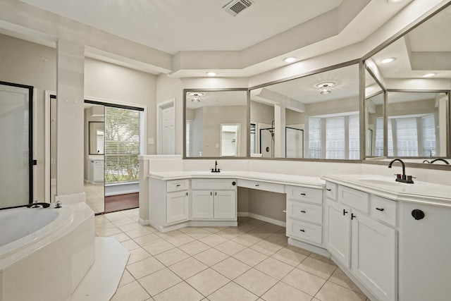 full bathroom featuring tile patterned floors, two vanities, a sink, visible vents, and recessed lighting