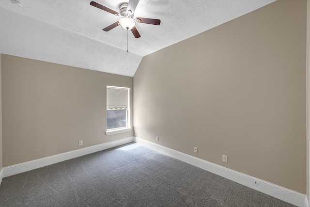 12510 Cove Landing Dr, Cypress, TX 77433 - carpeted empty room featuring a ceiling fan, vaulted ceiling, and a textured ceiling