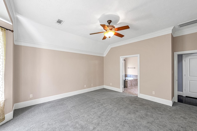 12510 Cove Landing Dr, Cypress, TX 77433 - carpeted spare room featuring crown molding, ceiling fan, and vaulted ceiling