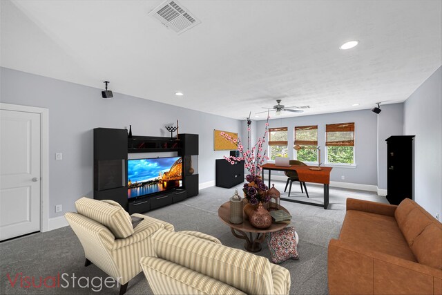 12510 Cove Landing Dr, Cypress, TX 77433 - living area featuring carpet, recessed lighting, and ceiling fan