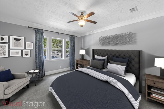 12510 Cove Landing Dr, Cypress, TX 77433 - bedroom with carpet floors, a textured ceiling, crown molding, and a ceiling fan