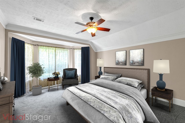 12510 Cove Landing Dr, Cypress, TX 77433 - bedroom featuring carpet, crown molding, a textured ceiling, and a ceiling fan