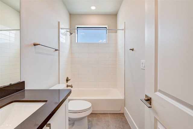 full bath with tile patterned flooring, toilet, vanity, baseboards, and  shower combination