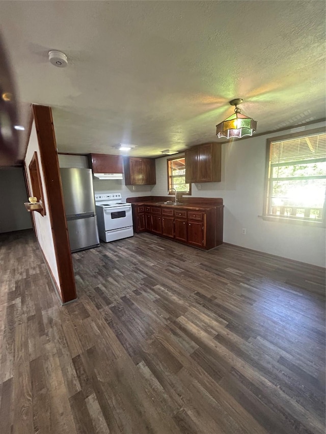 kitchen featuring white range with electric cooktop, a sink, dark wood finished floors, under cabinet range hood, and freestanding refrigerator