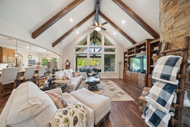 living area featuring high vaulted ceiling, arched walkways, dark wood-style flooring, and beam ceiling