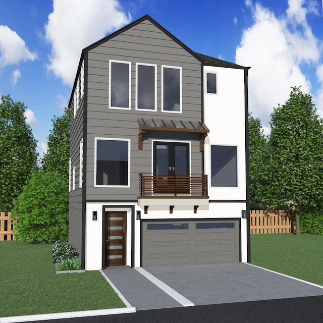 contemporary house with fence, a front lawn, a balcony, an attached garage, and a standing seam roof