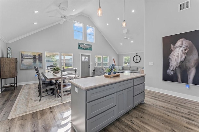 kitchen featuring gray cabinets, ceiling fan, and dark wood-style flooring