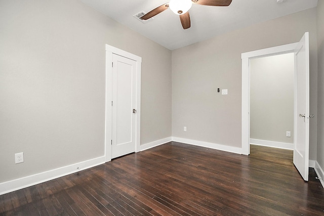 3013 Prospect St, Houston, TX 77004 - unfurnished room featuring ceiling fan, baseboards, dark wood-type flooring, and visible vents