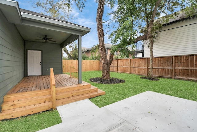 3013 Prospect St, Houston, TX 77004 - view of yard with a fenced backyard, a wooden deck, a patio area, and ceiling fan
