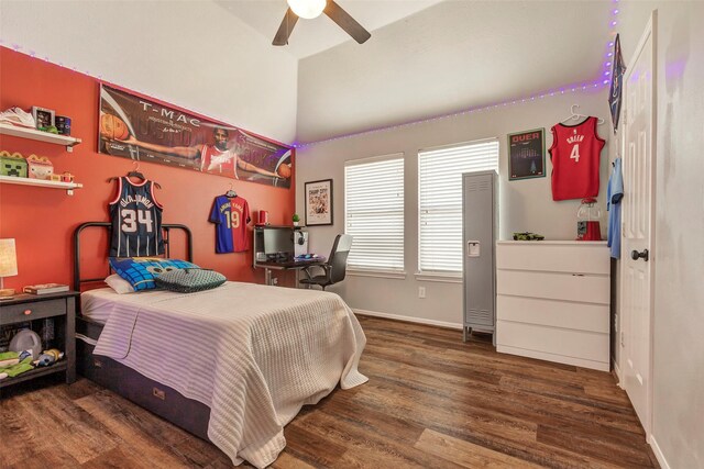 6919 S Gold River Cir, Missouri City, TX 77459 - bedroom featuring vaulted ceiling, wood finished floors, baseboards, and ceiling fan