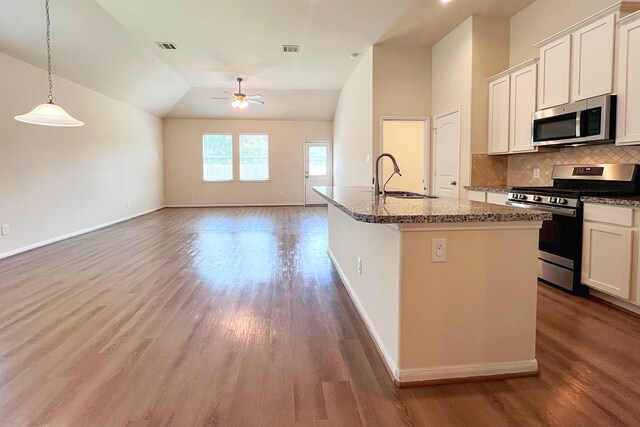 18871 Cedar Birch Ln, Magnolia, TX 77355 - kitchen with appliances with stainless steel finishes, a sink, wood finished floors, a ceiling fan, and vaulted ceiling