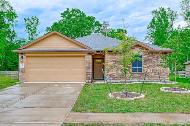 single story home featuring a front lawn, a garage, a shingled roof, driveway, and brick siding