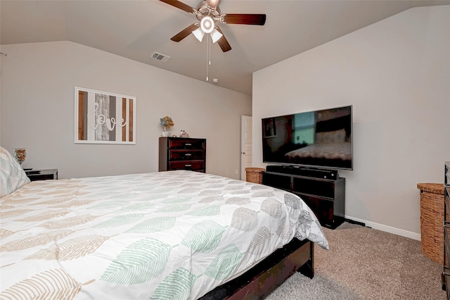 bedroom with carpet, ceiling fan, baseboards, visible vents, and lofted ceiling