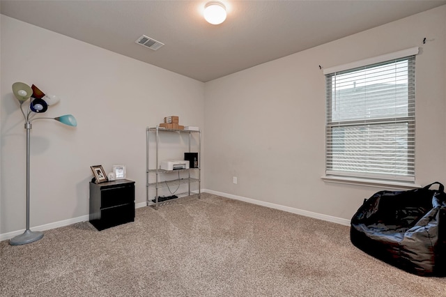 misc room featuring carpet, visible vents, and baseboards