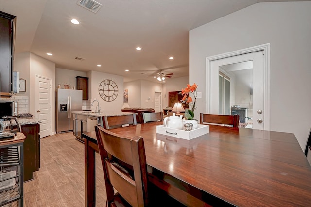 dining area with recessed lighting, a ceiling fan, visible vents, and light wood-type flooring