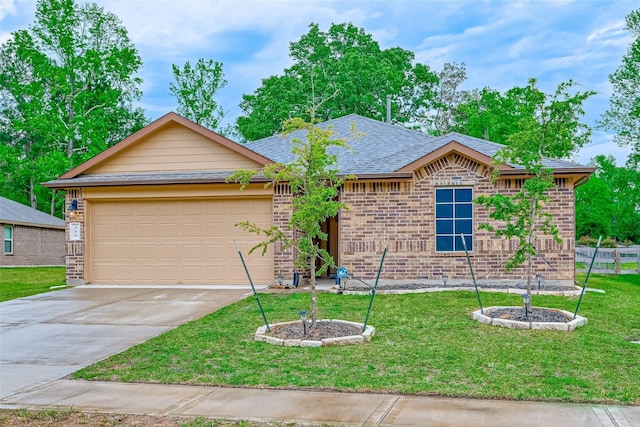 ranch-style home with driveway, roof with shingles, brick siding, a front lawn, and a garage
