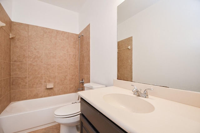 full bath featuring tile patterned flooring, toilet, shower / bathtub combination, and vanity