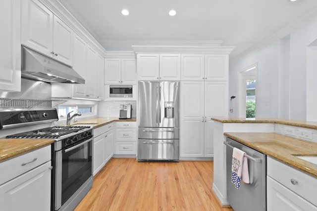 kitchen featuring under cabinet range hood, white cabinetry, light wood finished floors, and stainless steel appliances