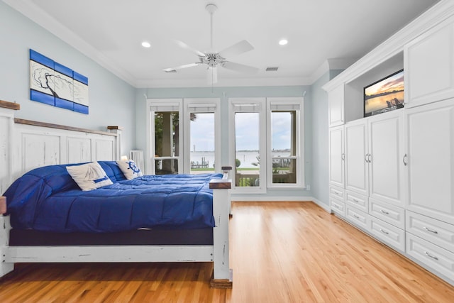 bedroom with visible vents, recessed lighting, and crown molding