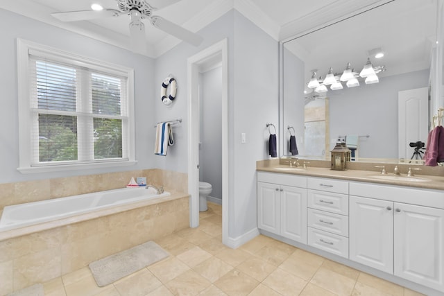 1207 N Shore Dr, Clear Lake Shores, TX 77565 - bathroom featuring toilet, a bath, tile patterned floors, double vanity, and crown molding