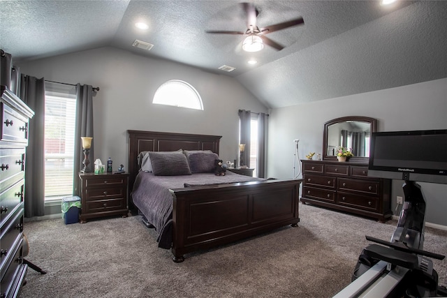 bedroom featuring lofted ceiling, carpet floors, a textured ceiling, and visible vents
