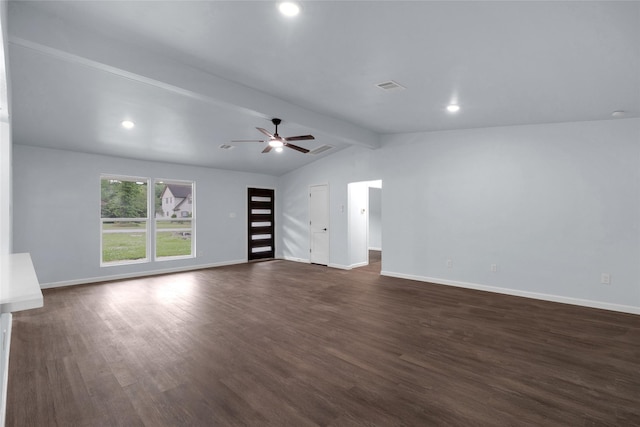 5 Skylark St, Dayton, TX 77535 - unfurnished living room featuring lofted ceiling with beams, dark wood-style floors, a ceiling fan, and visible vents