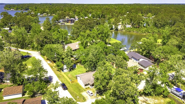 birds eye view of property with a water view and a wooded view