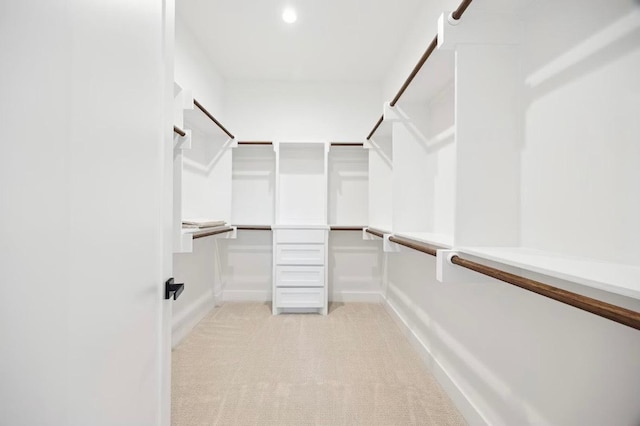 walk in closet with light colored carpet