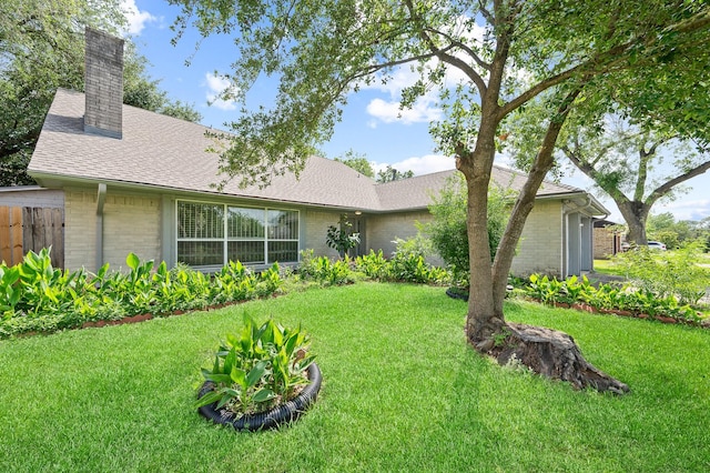 1823 Mandrill Ln, Houston, TX 77067 - exterior space featuring a chimney, roof with shingles, brick siding, fence, and a yard