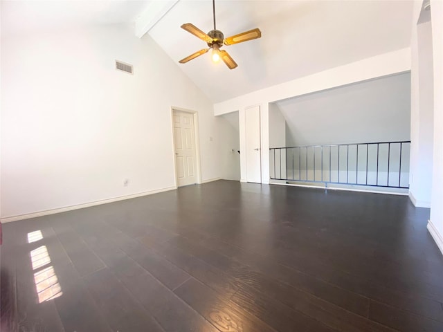 1823 Mandrill Ln, Houston, TX 77067 - spare room with a ceiling fan, visible vents, wood finished floors, high vaulted ceiling, and beamed ceiling