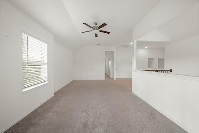 1706 Country Air Ln, Missouri City, TX 77459 - unfurnished living room with a ceiling fan, light colored carpet, baseboards, lofted ceiling, and recessed lighting