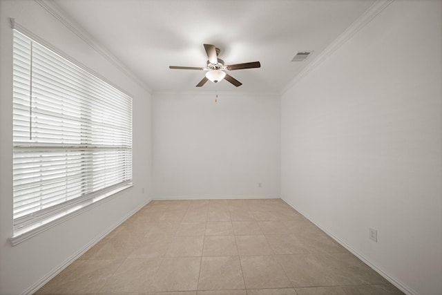 1706 Country Air Ln, Missouri City, TX 77459 - unfurnished room featuring light tile patterned flooring, baseboards, visible vents, ceiling fan, and ornamental molding