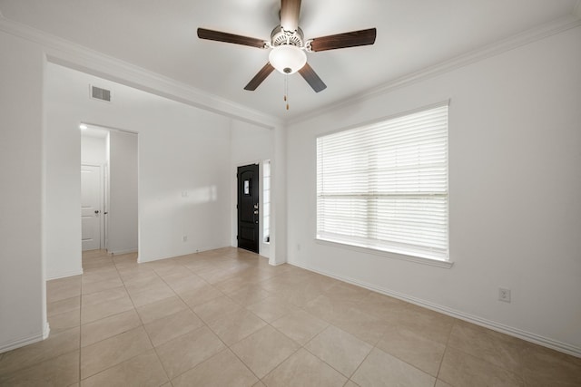1706 Country Air Ln, Missouri City, TX 77459 - spare room with light tile patterned flooring, baseboards, visible vents, ceiling fan, and crown molding