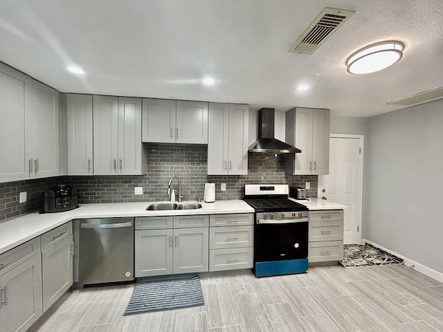 11115 Oakcenter Dr, Houston, TX 77072 - kitchen with wall chimney exhaust hood, appliances with stainless steel finishes, a sink, gray cabinets, and recessed lighting