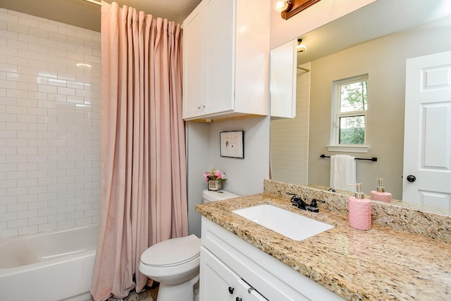 bathroom with toilet, vanity, and shower / bathtub combination with curtain
