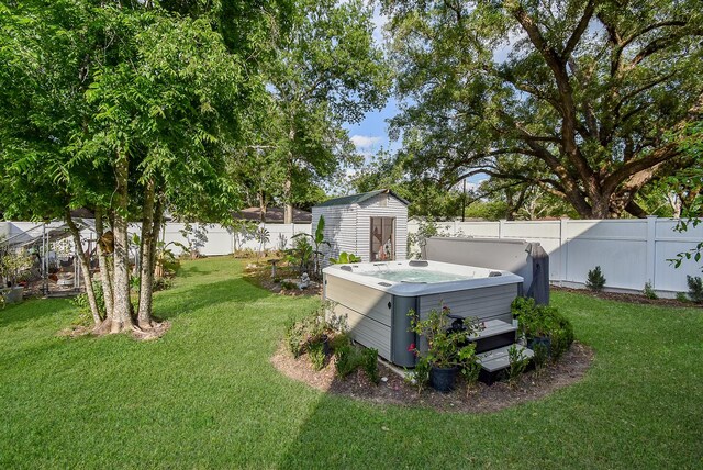 view of yard featuring central AC unit, a storage shed, a fenced backyard, an outdoor structure, and a hot tub