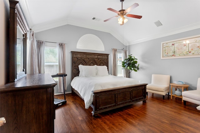 7410 Norwood Point Ct, Richmond, TX 77407 - bedroom with dark wood finished floors, lofted ceiling, ceiling fan, and crown molding