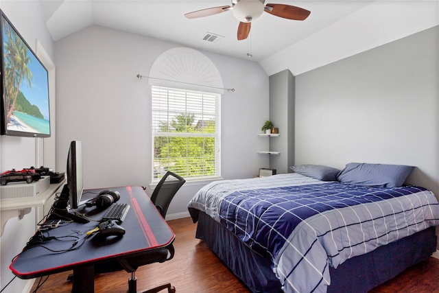 7410 Norwood Point Ct, Richmond, TX 77407 - bedroom featuring vaulted ceiling, wood finished floors, an office area, and ceiling fan