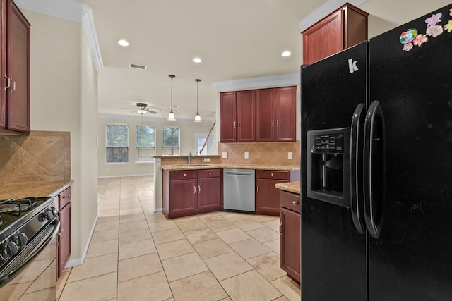 2830 Meadowbrook Ln, Rosenberg, TX 77471 - kitchen featuring tasteful backsplash, black appliances, ceiling fan, a peninsula, and visible vents